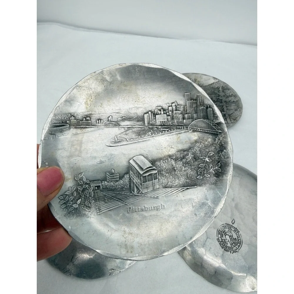 Wendell August Forge Coasters Hand Hammered Aluminum Scenic Decor 4pc Round
